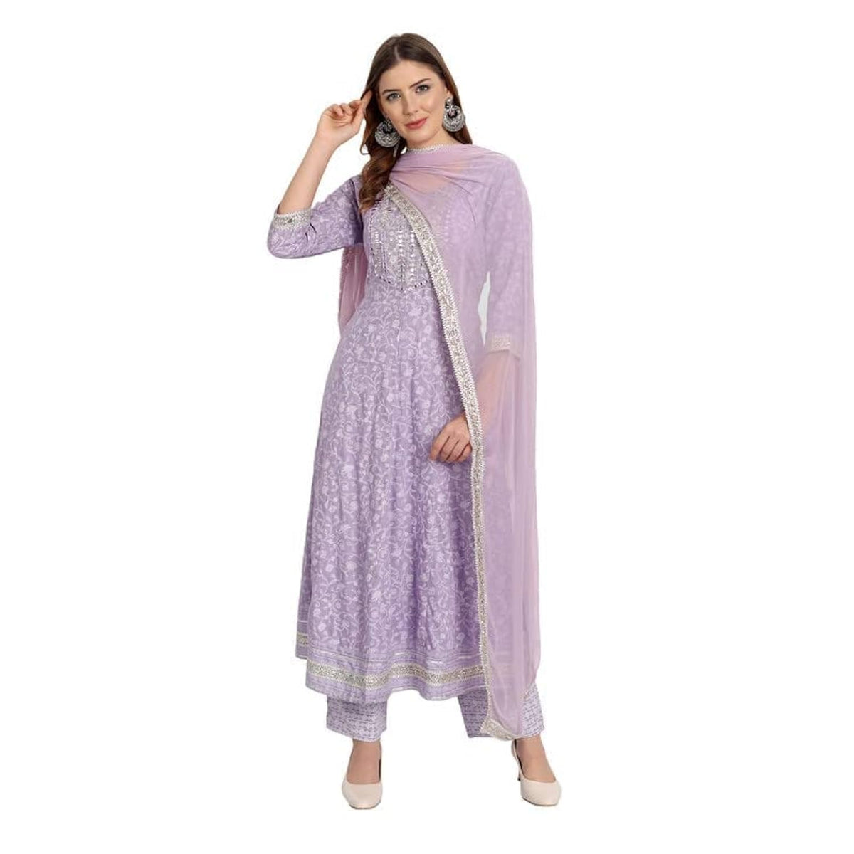 Rangnavi Women Rayon Anarkali Embroidered Printed Kurta Pant and Dupatta Set – Purple, Yellow - image 1