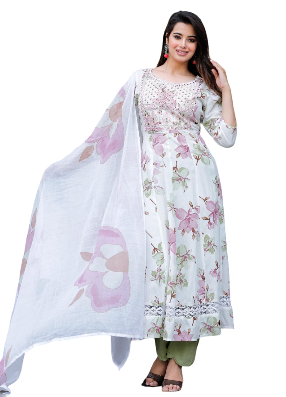 Rangnavi Women Rayon Anarkali Embroidered Printed Kurta Pant and Dupatta Set – White-Pista - image 1