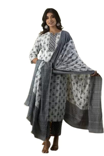 Rangnavi Women Cotton Straight Printed Kurta Pant and Dupatta Set… - image 1