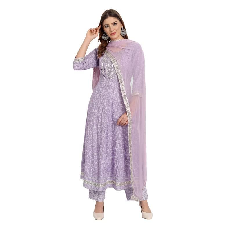 Rangnavi Women Rayon Anarkali Embroidered Printed Kurta Pant and Dupatta Set – Purple, Yellow - image 2