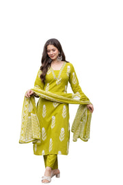 Rangnavi Women's Printed 100% Cotton Straight Kurta with Pants and Dupatta Set | Ethnic Set |Kurta Set – GREEN, PINK - image 1
