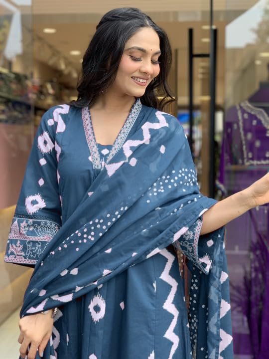Rangnavi Women's Cotton Anarkali Printed V-Neck Kurta with Palazzo & Dupatta | Ethnic Set | Dupatta Set | Suit Set |Kurta Set - image 3
