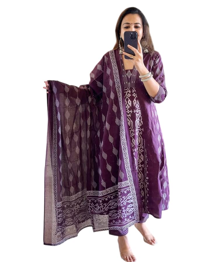 Rangnavi Women's Cotton Anarkali Printed Kurta with Palazzo & Dupatta Set – BLUE, WINE - image 1