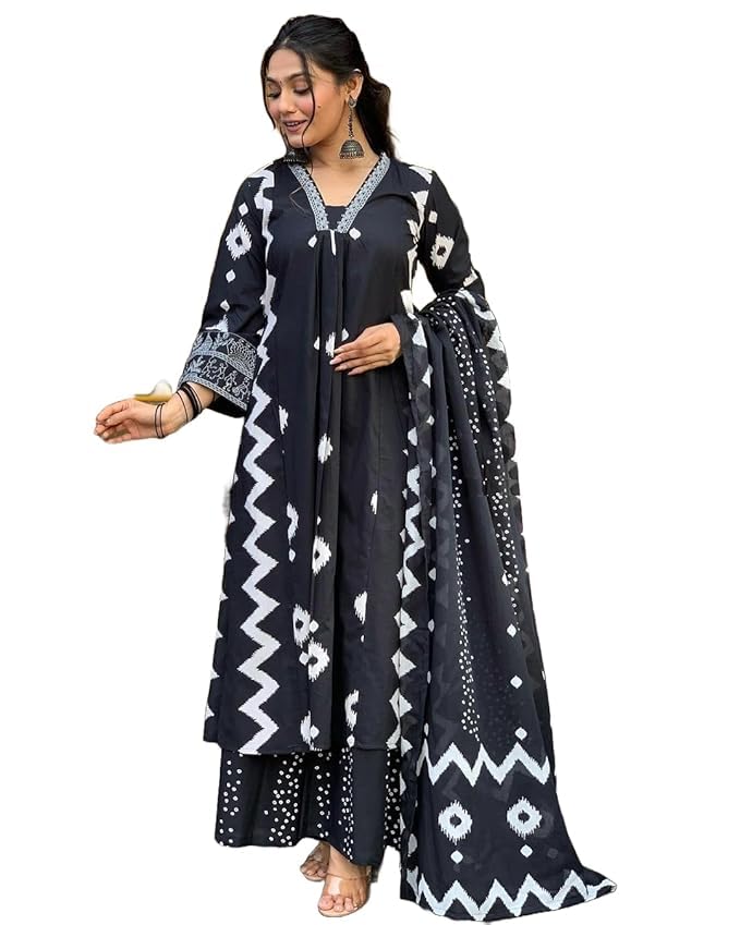 Rangnavi Women's Cotton Anarkali Printed V-Neck Kurta with Palazzo & Dupatta | Ethnic Set | Dupatta Set | Suit Set |Kurta Set - image 5