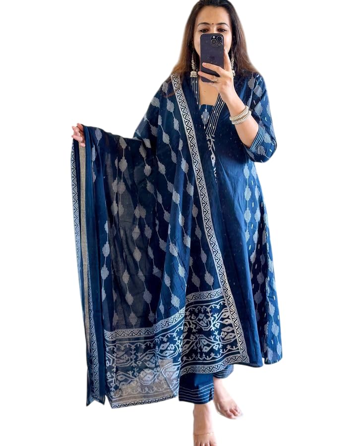 Rangnavi Women's Cotton Anarkali Printed Kurta with Palazzo & Dupatta Set – BLUE, WINE - image 1