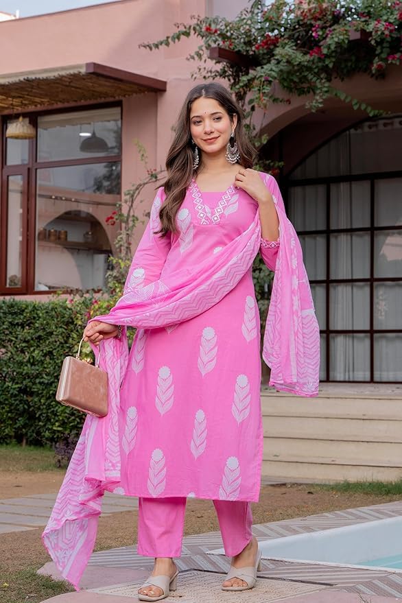 Rangnavi Women's Printed 100% Cotton Straight Kurta with Pants and Dupatta Set | Ethnic Set |Kurta Set – GREEN, PINK - image 3