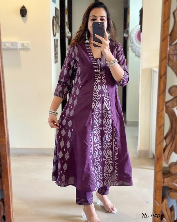 Rangnavi Women's Cotton Anarkali Printed Kurta with Palazzo & Dupatta Set – BLUE, WINE - image 5