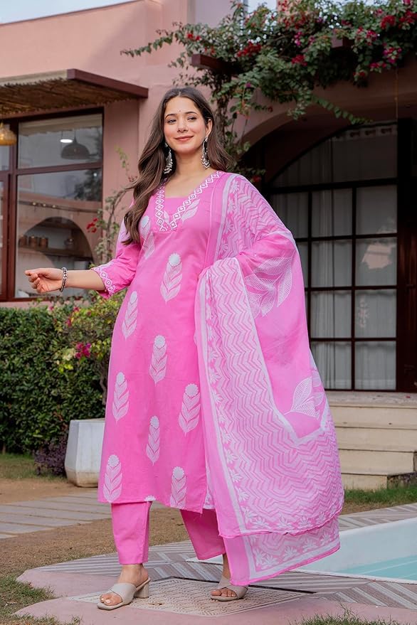 Rangnavi Women's Printed 100% Cotton Straight Kurta with Pants and Dupatta Set | Ethnic Set |Kurta Set – GREEN, PINK - image 2