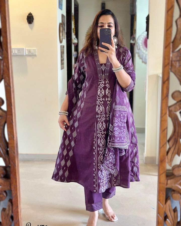 Rangnavi Women's Cotton Anarkali Printed Kurta with Palazzo & Dupatta Set – BLUE, WINE - image 4