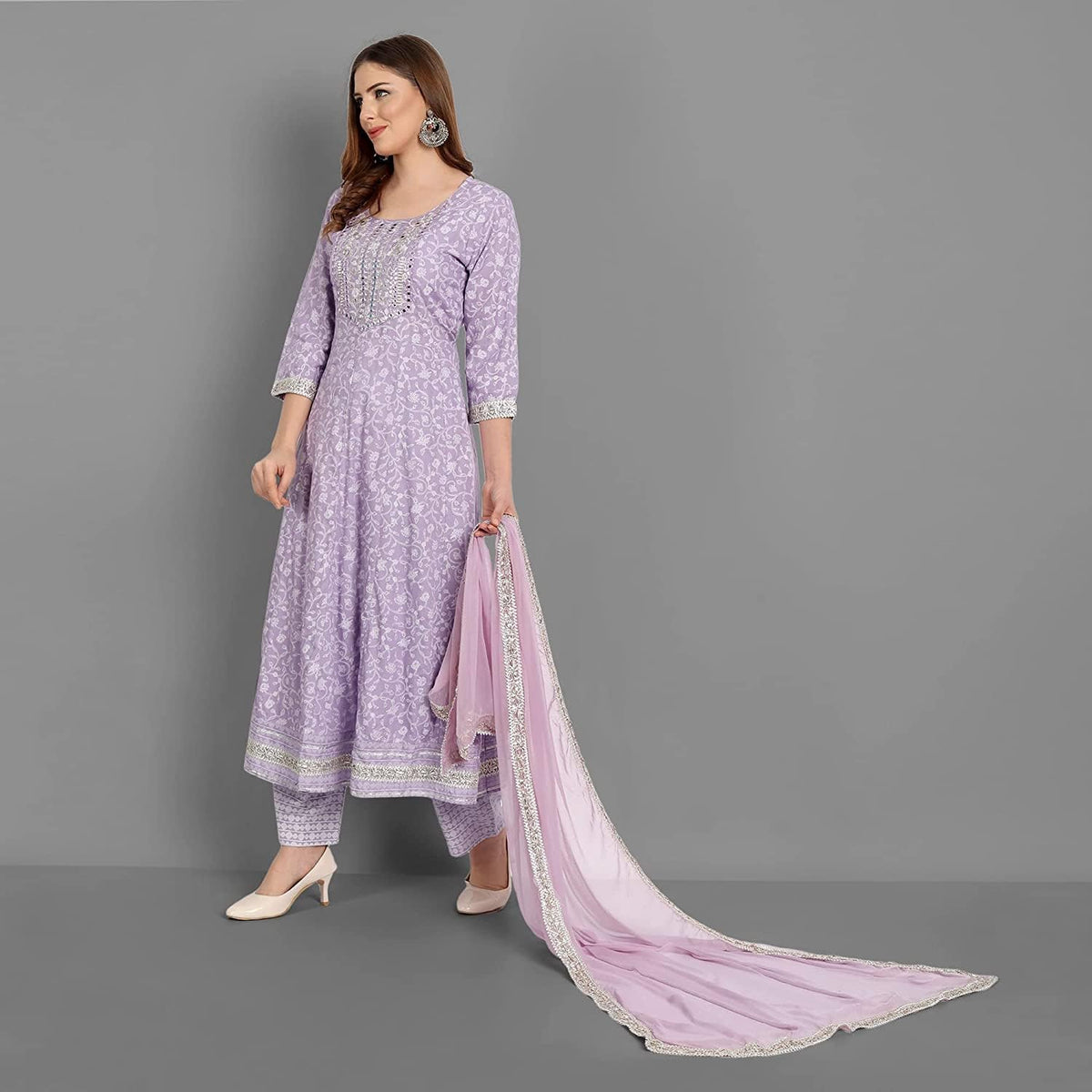 Rangnavi Women Rayon Anarkali Embroidered Printed Kurta Pant and Dupatta Set – Purple, Yellow - image 4