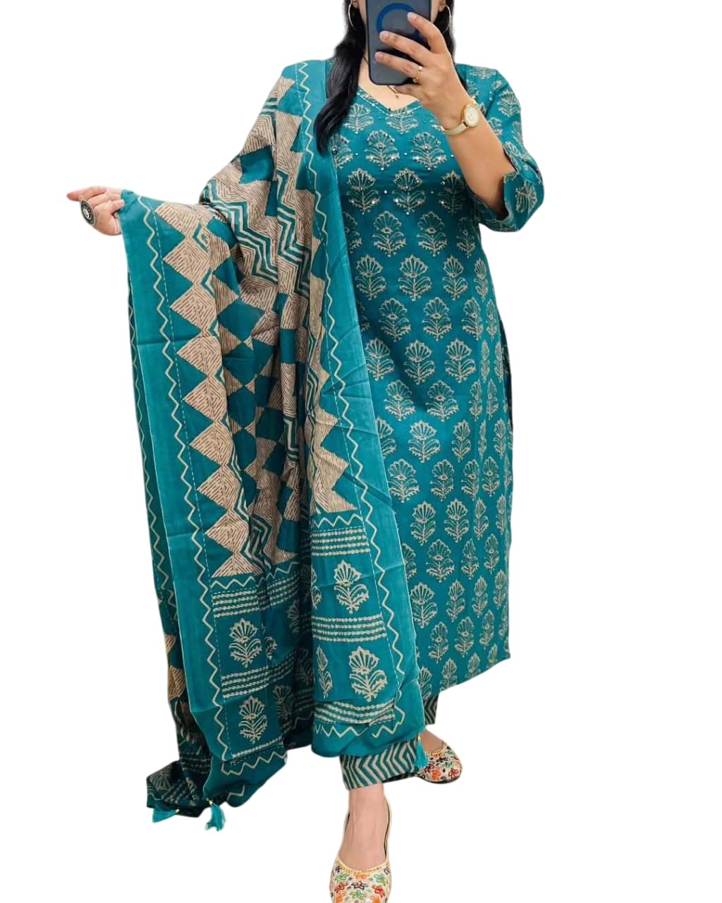 Rangnavi Women's Cotton Trending Straight Kurta with Pants and Dupatta Set | Ethnic Set (Teal) – BLACK, MAROON, TEAL - image 7