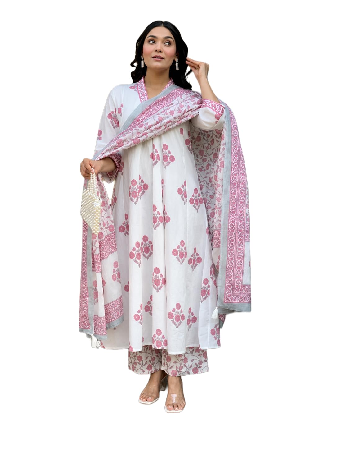 Rangnavi Women's Pure Cotton Anarkali Kurta with Pant & Dupatta Set | Ethnic Set | Kurta Set – GREY, PINK - image 6