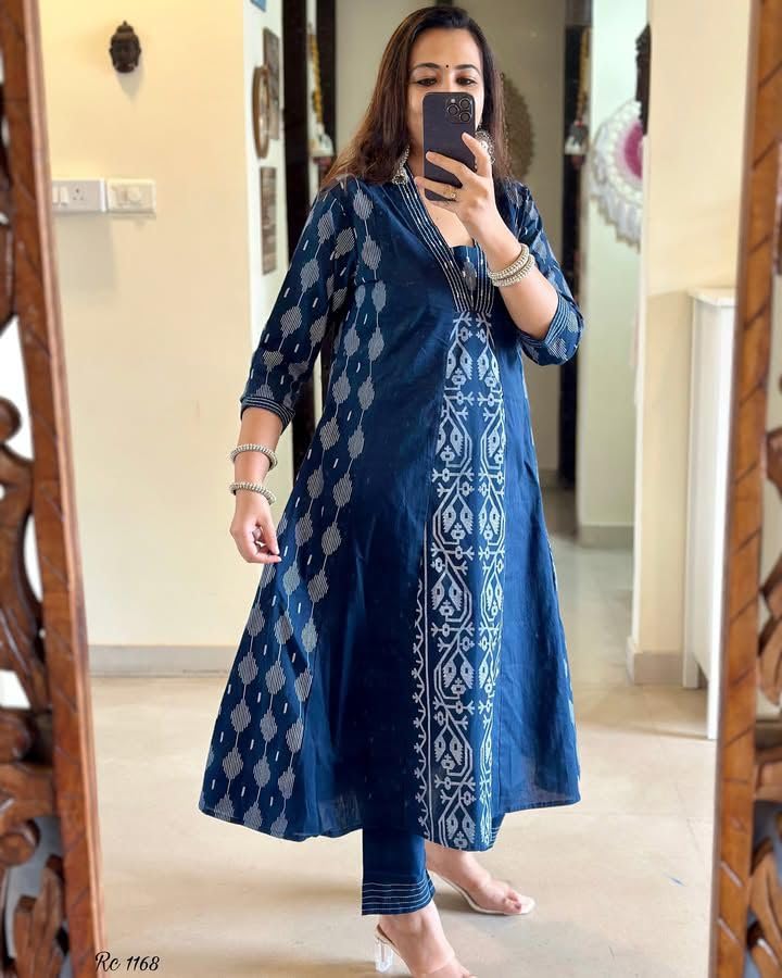 Rangnavi Women's Cotton Anarkali Printed Kurta with Palazzo & Dupatta Set – BLUE, WINE - image 5