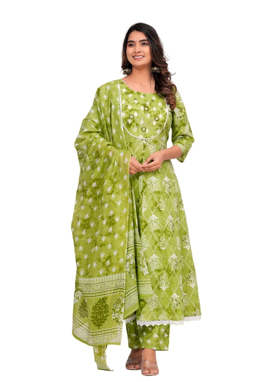 Rangnavi Women's Floral Print Cotton Anarkali Embroidered Kurta with Palazzo and Dupatta - image 1