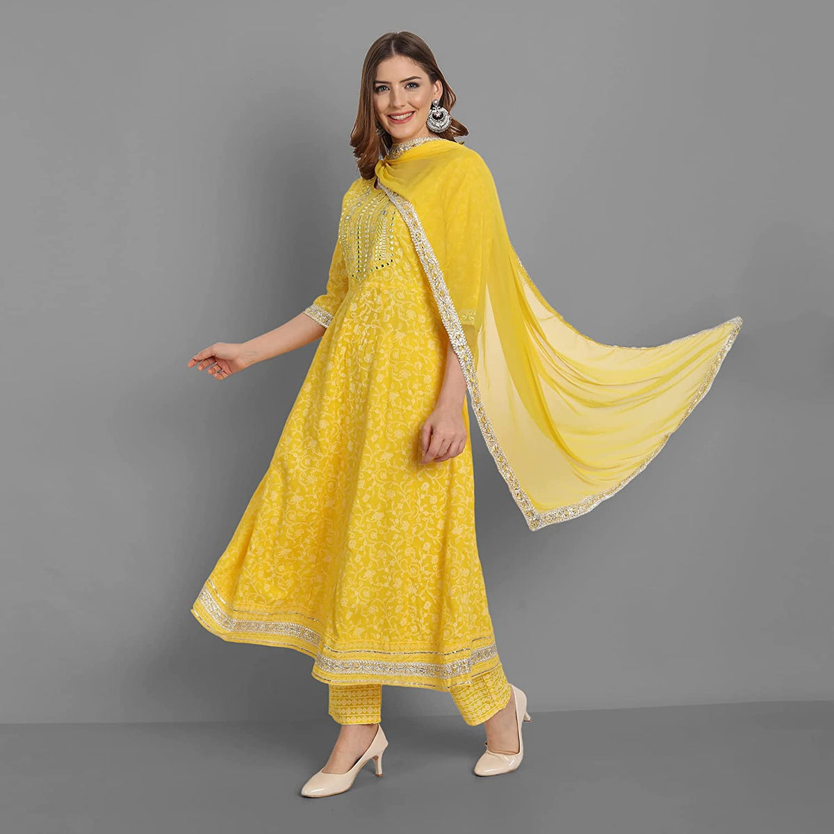 Rangnavi Women Rayon Anarkali Embroidered Printed Kurta Pant and Dupatta Set – Purple, Yellow - image 6