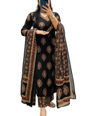 Rangnavi Women's Cotton Trending Straight Kurta with Pants and Dupatta Set | Ethnic Set (Black) - image 1