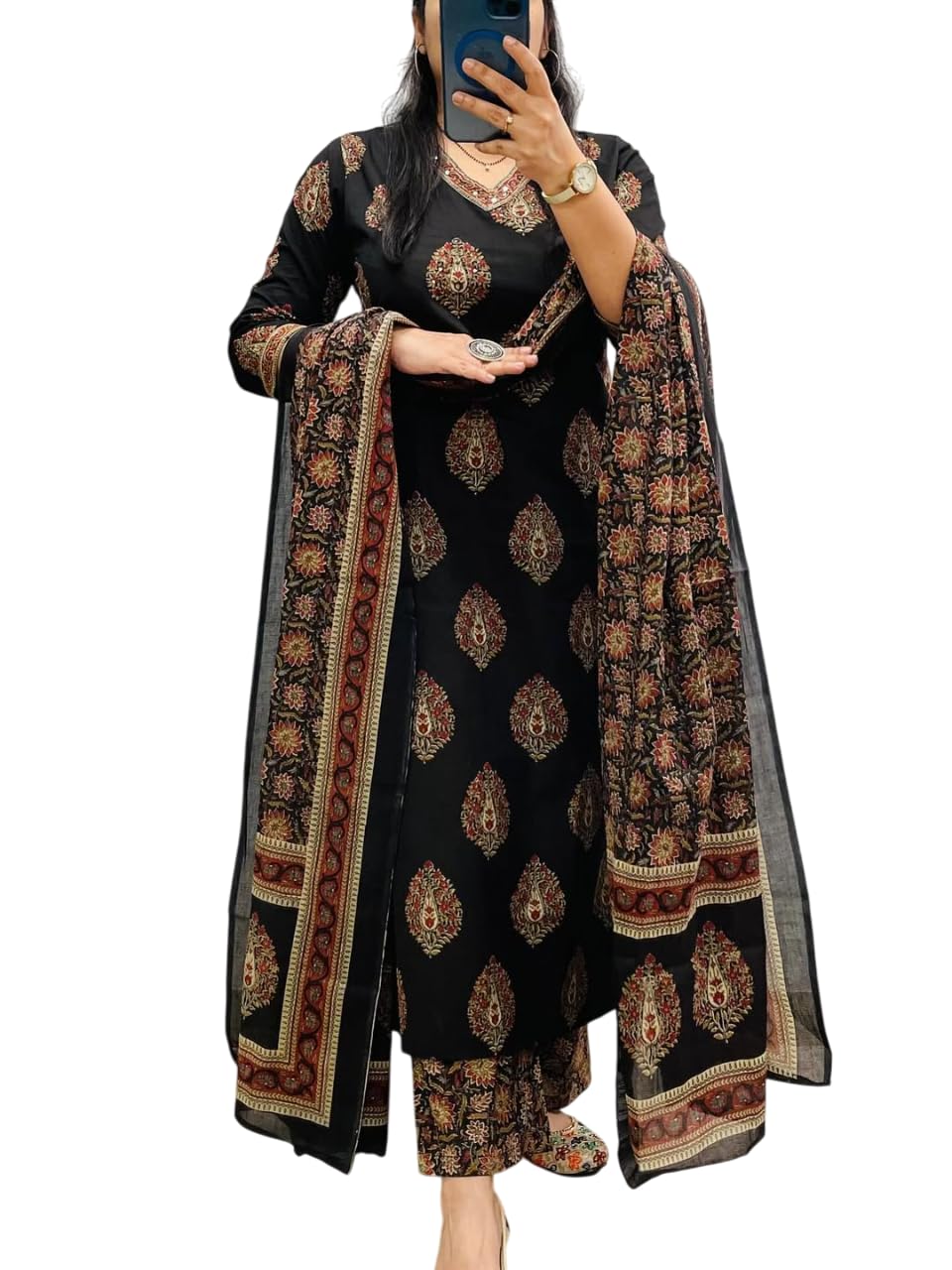 Rangnavi Women's Cotton Trending Straight Kurta with Pants and Dupatta Set | Ethnic Set (Black) - image 1