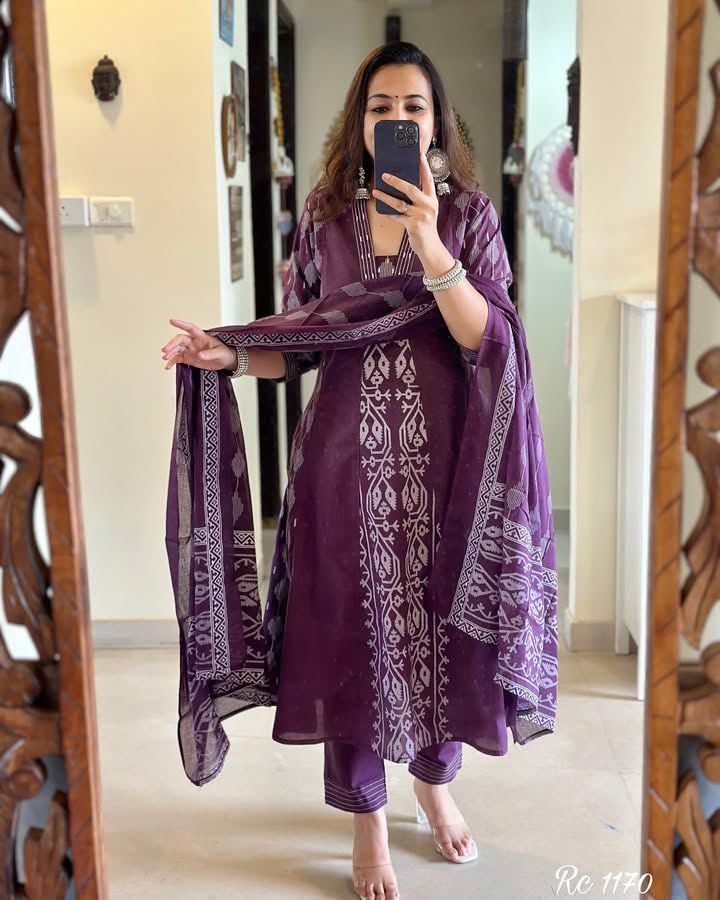 Rangnavi Women's Cotton Anarkali Printed Kurta with Palazzo & Dupatta Set – BLUE, WINE - image 2
