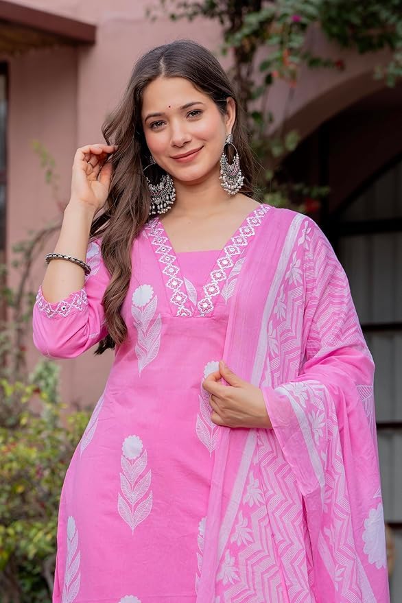 Rangnavi Women's Printed 100% Cotton Straight Kurta with Pants and Dupatta Set | Ethnic Set |Kurta Set – GREEN, PINK - image 4