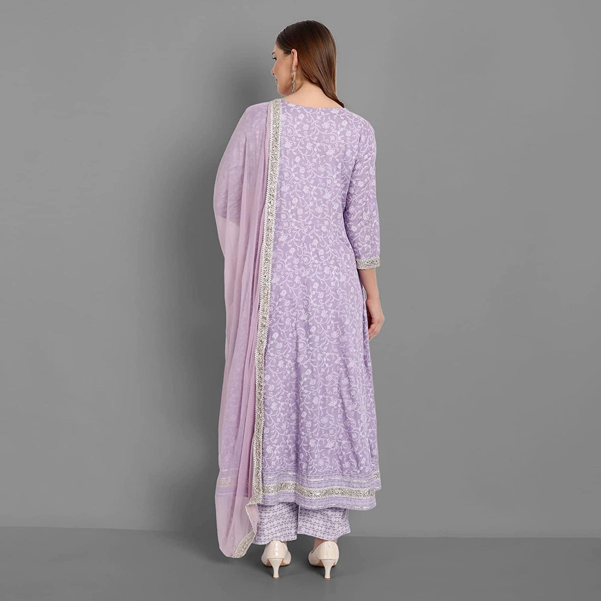Rangnavi Women Rayon Anarkali Embroidered Printed Kurta Pant and Dupatta Set – Purple, Yellow - image 3