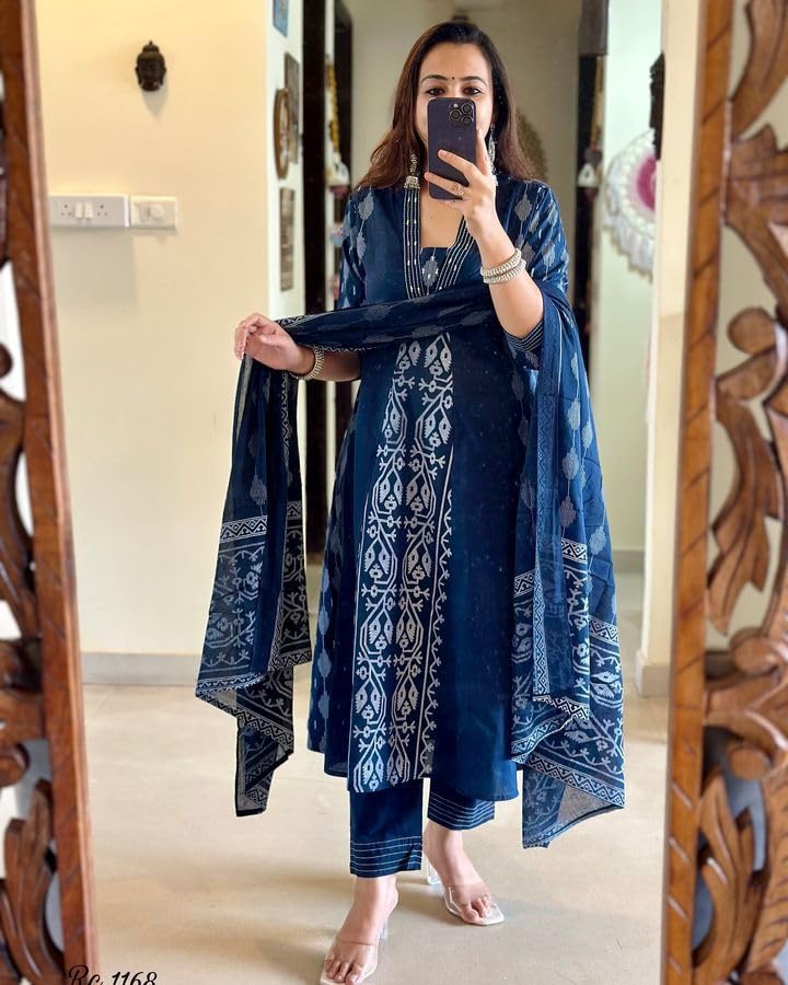 Rangnavi Women's Cotton Anarkali Printed Kurta with Palazzo & Dupatta Set – BLUE, WINE - image 2