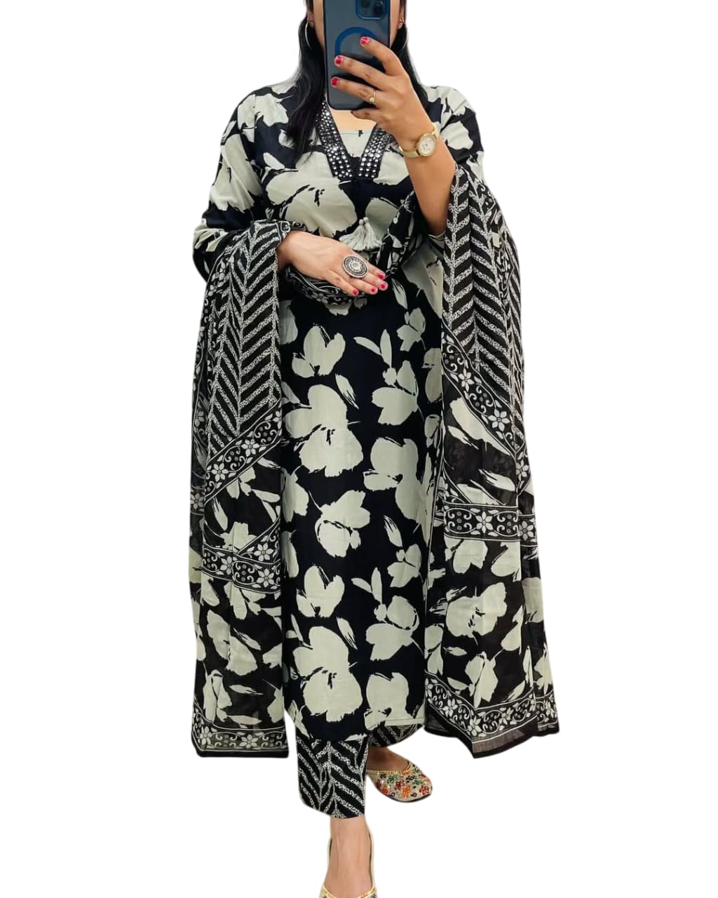 Rangnavi Women's Floral Printed Stright Kurta with Pant & Dupatta Set | Ethnic Set | Kurta Set – BLUE, Black, PINK, Yellow - image 9