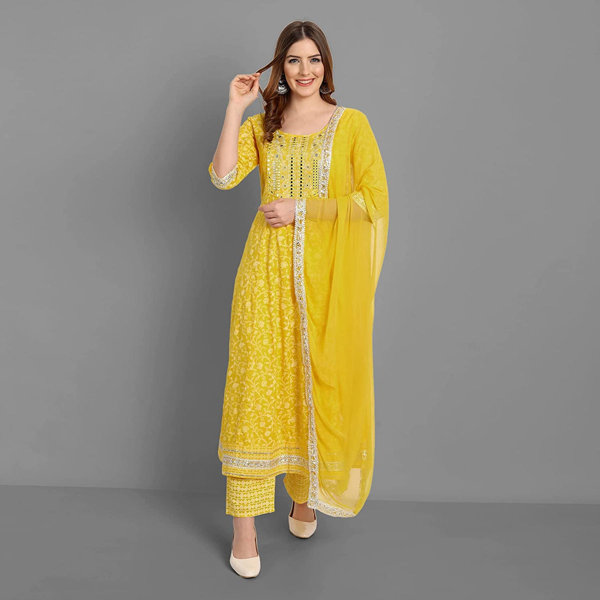 Rangnavi Women Rayon Anarkali Embroidered Printed Kurta Pant and Dupatta Set – Purple, Yellow - image 2