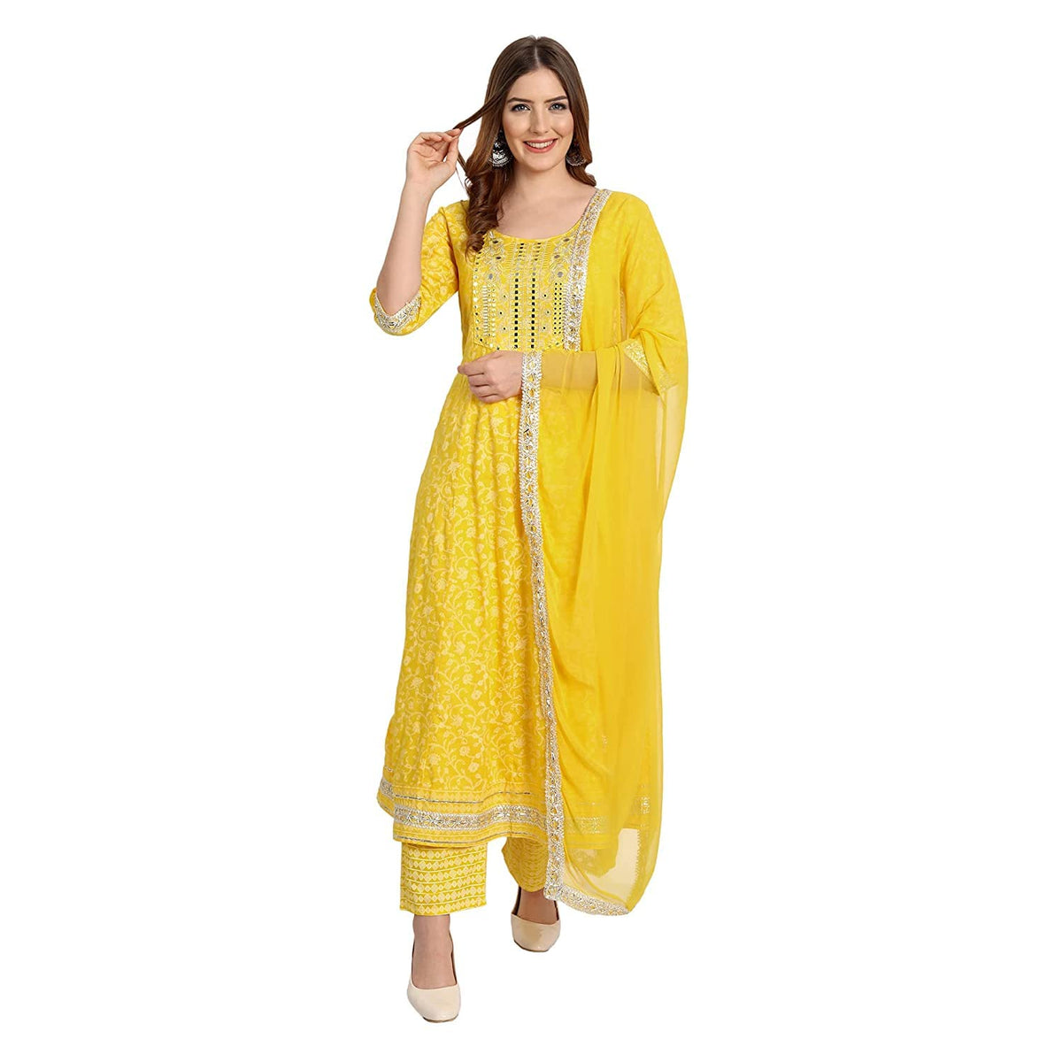 Rangnavi Women Rayon Anarkali Embroidered Printed Kurta Pant and Dupatta Set – Purple, Yellow - image 1