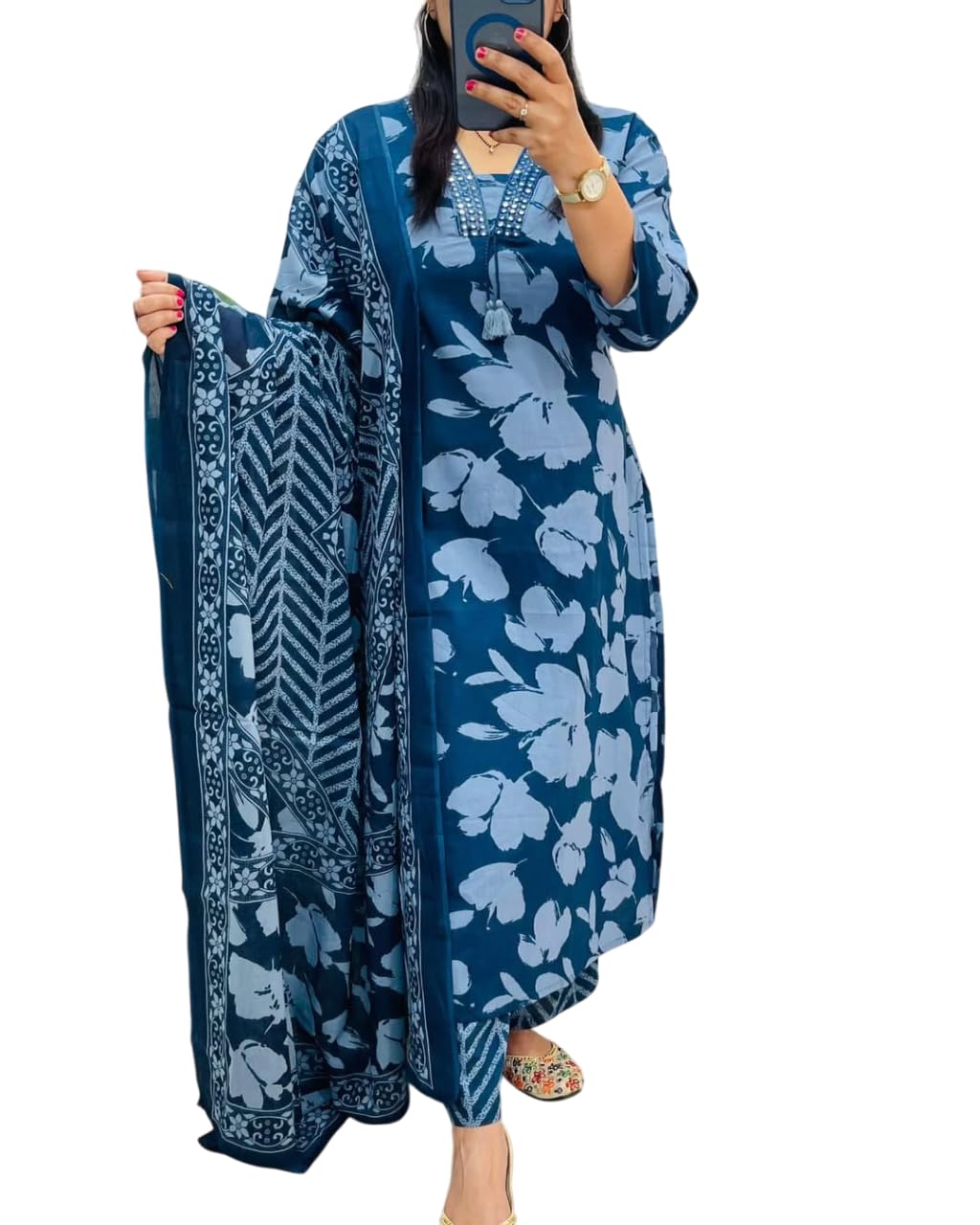 Rangnavi Women's Floral Printed Stright Kurta with Pant & Dupatta Set | Ethnic Set | Kurta Set – BLUE, Black, PINK, Yellow - image 8