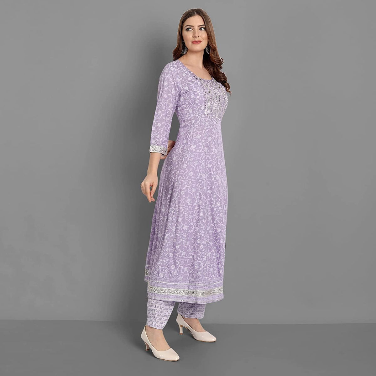 Rangnavi Women Rayon Anarkali Embroidered Printed Kurta Pant and Dupatta Set – Purple, Yellow - image 5