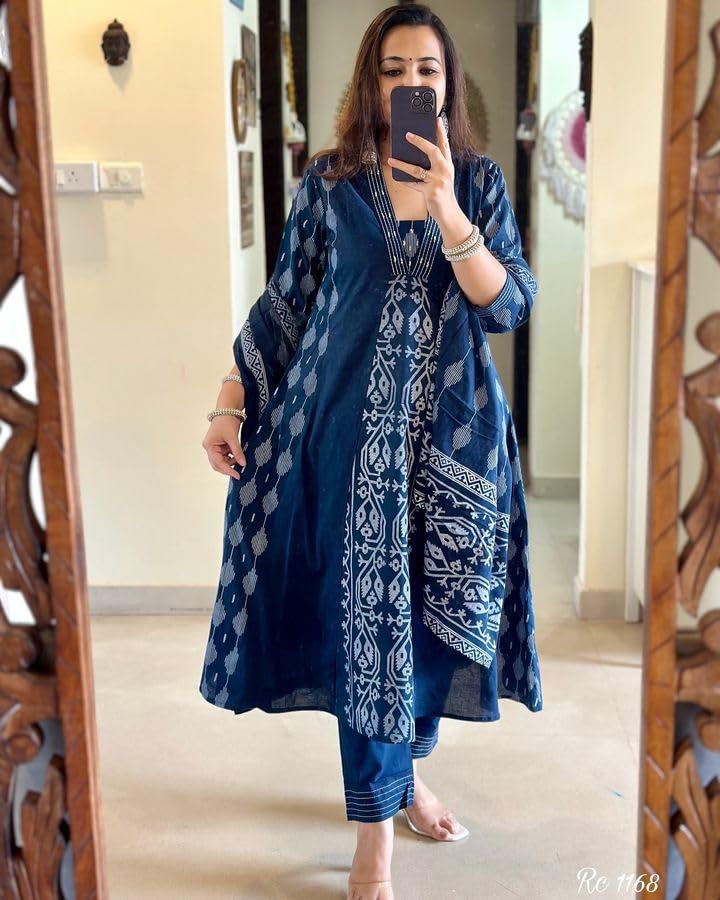 Rangnavi Women's Cotton Anarkali Printed Kurta with Palazzo & Dupatta Set – BLUE, WINE - image 4
