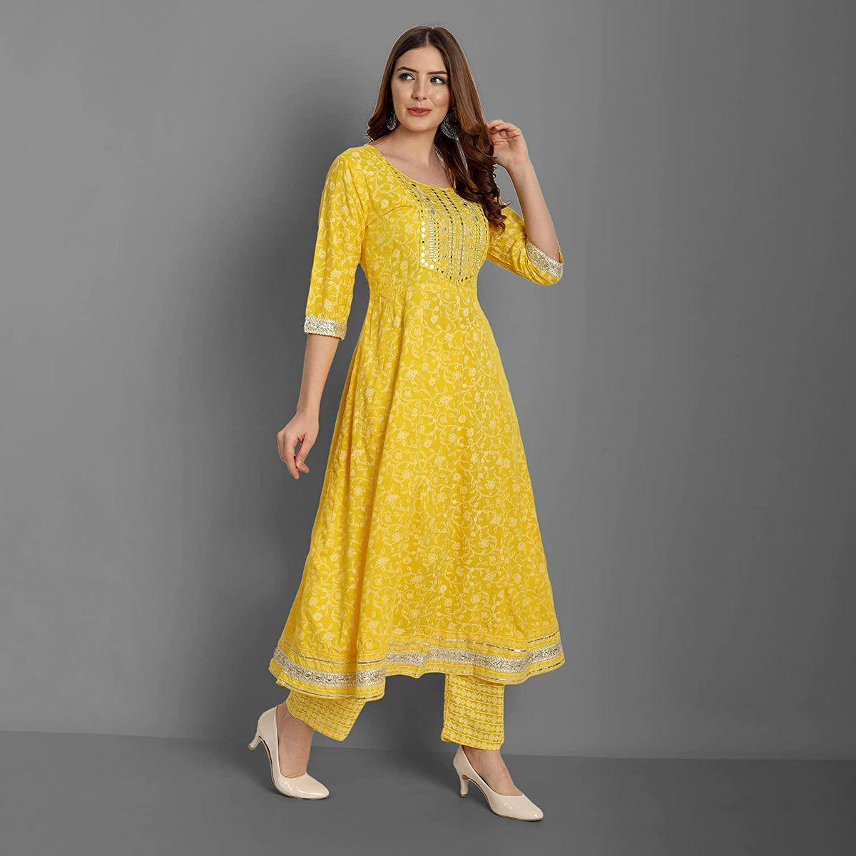 Rangnavi Women Rayon Anarkali Embroidered Printed Kurta Pant and Dupatta Set – Purple, Yellow - image 3