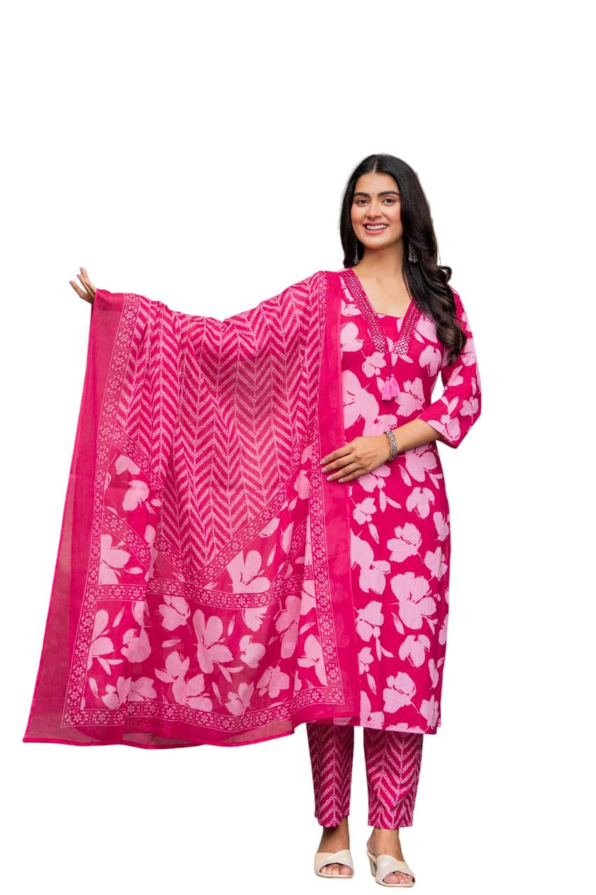 Rangnavi Women's Floral Printed Stright Kurta with Pant & Dupatta Set | Ethnic Set | Kurta Set – BLUE, Black, PINK, Yellow - image 6