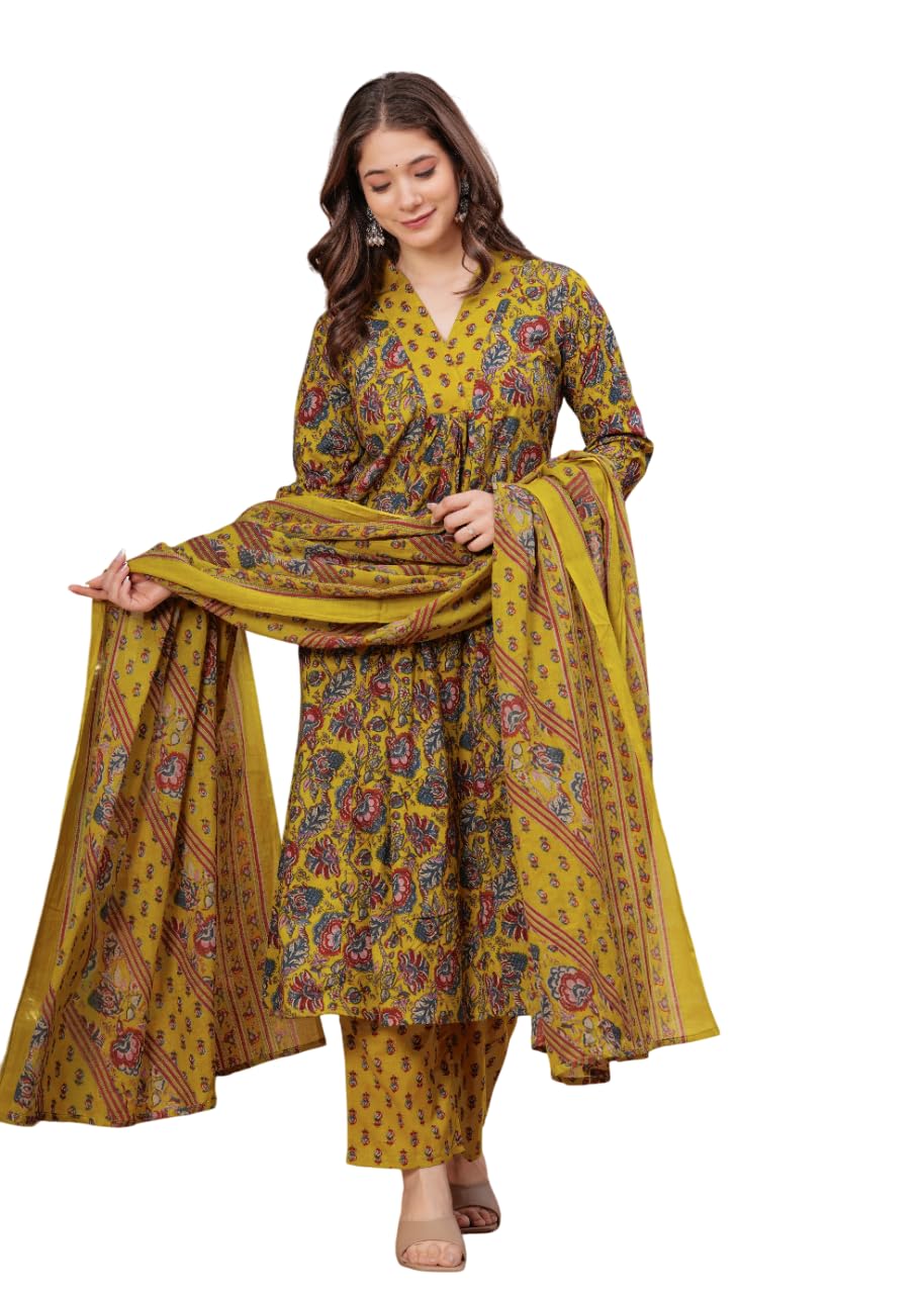 Rangnavi Women's Cotton Anarkali Printed Kurta with Palazzo & Dupatta - image 1