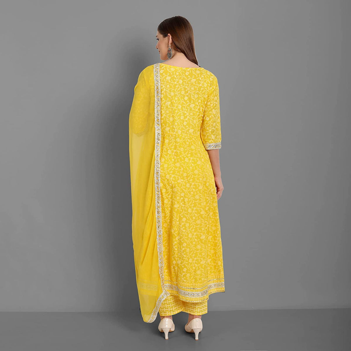 Rangnavi Women Rayon Anarkali Embroidered Printed Kurta Pant and Dupatta Set – Purple, Yellow - image 4