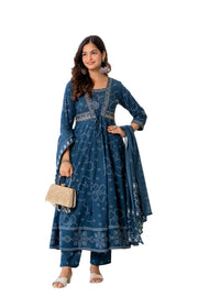 Rangnavi Women's Cotton Trending Anarkali Embroidered Kurta with Pants and Dupatta Set | Ethnic Set (Blue) - image 1