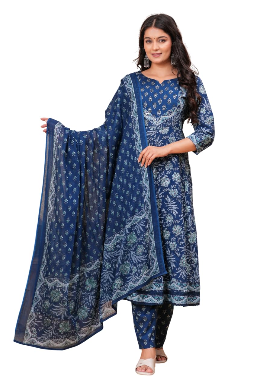 Rangnavi Women's Cotton Anarkali Kurta with Pants and Dupatta Set | Ethnic Set - image 1