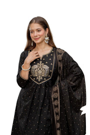 Rangnavi Women's Printed Pure Cotton Embroideried Straight Kurta with Pants and Dupatta Set | Ethnic Set |Kurta Set – BLACK - image 1