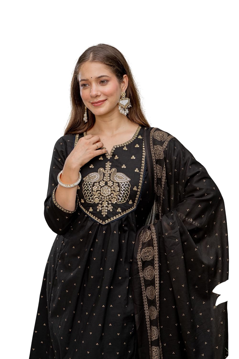 Rangnavi Women's Printed Pure Cotton Embroideried Straight Kurta with Pants and Dupatta Set | Ethnic Set |Kurta Set – BLACK - image 1