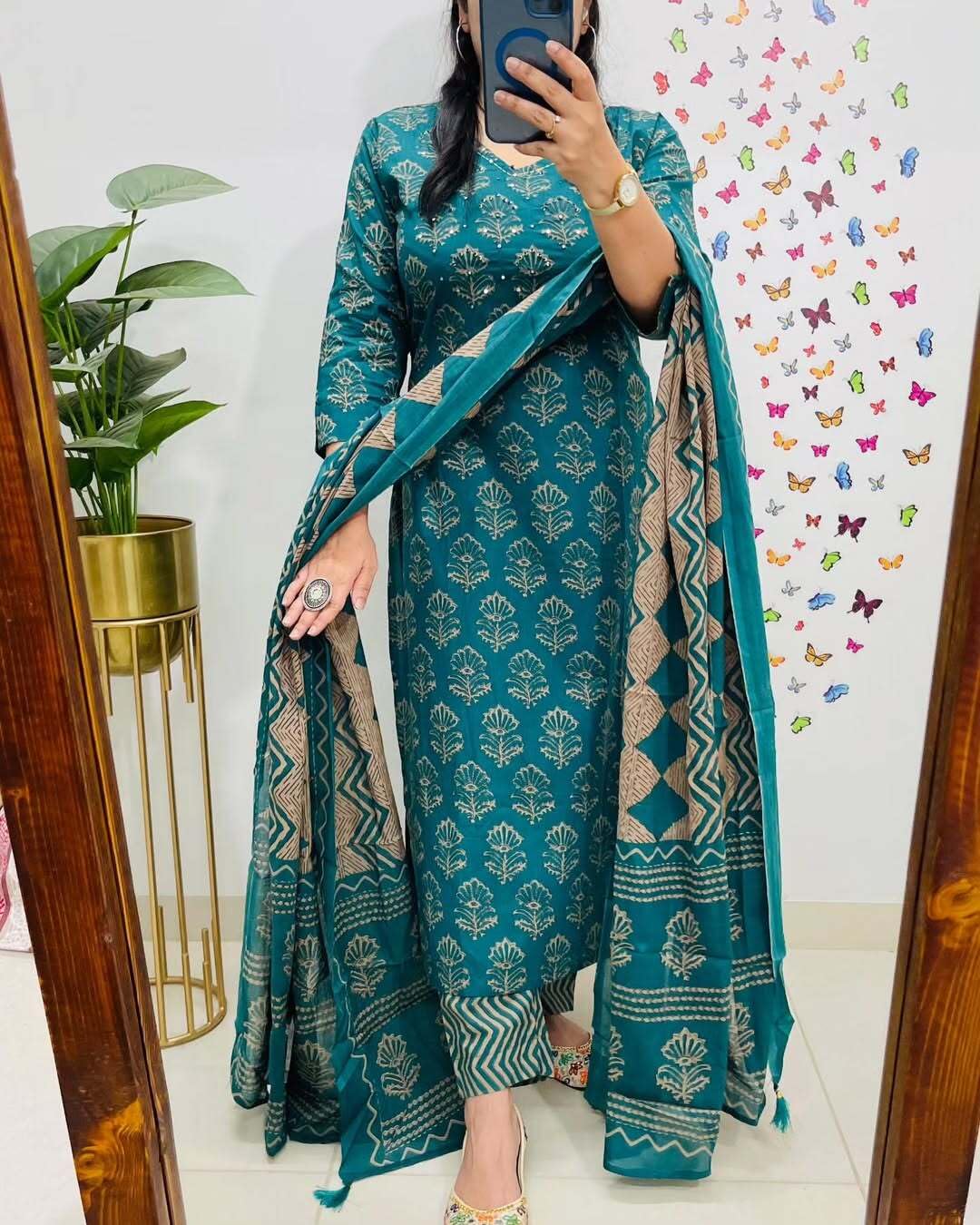 Rangnavi Women's Cotton Trending Straight Kurta with Pants and Dupatta Set | Ethnic Set (Teal) – BLACK, MAROON, TEAL - image 2