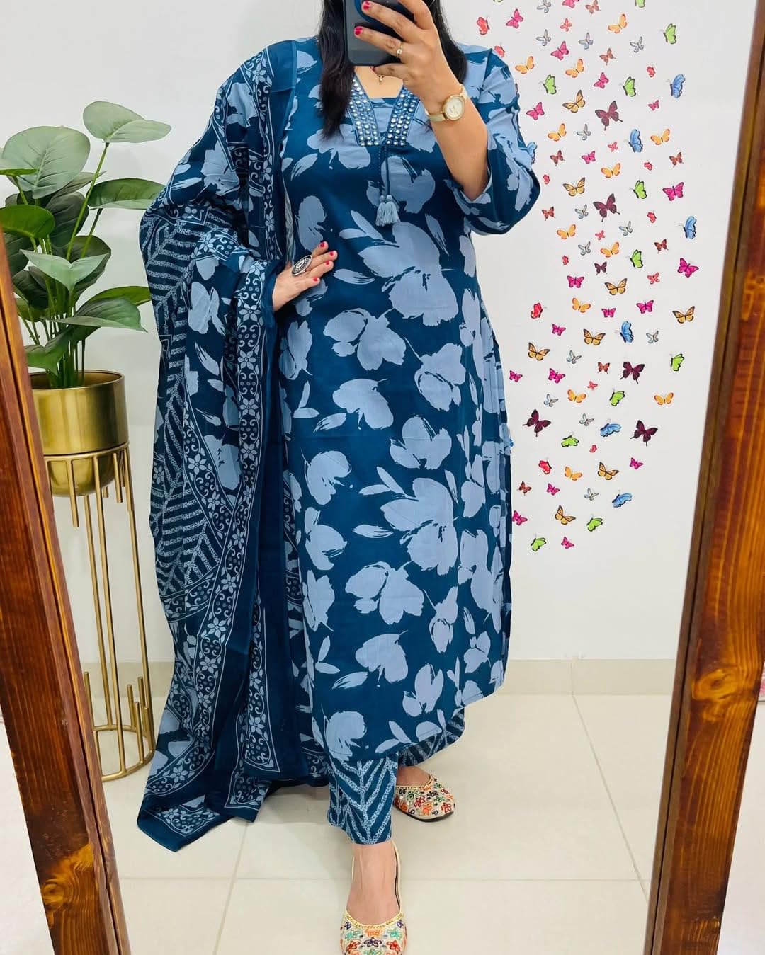 Rangnavi Women's Floral Printed Stright Kurta with Pant & Dupatta Set | Ethnic Set | Kurta Set – BLUE, Black, PINK, Yellow - image 5