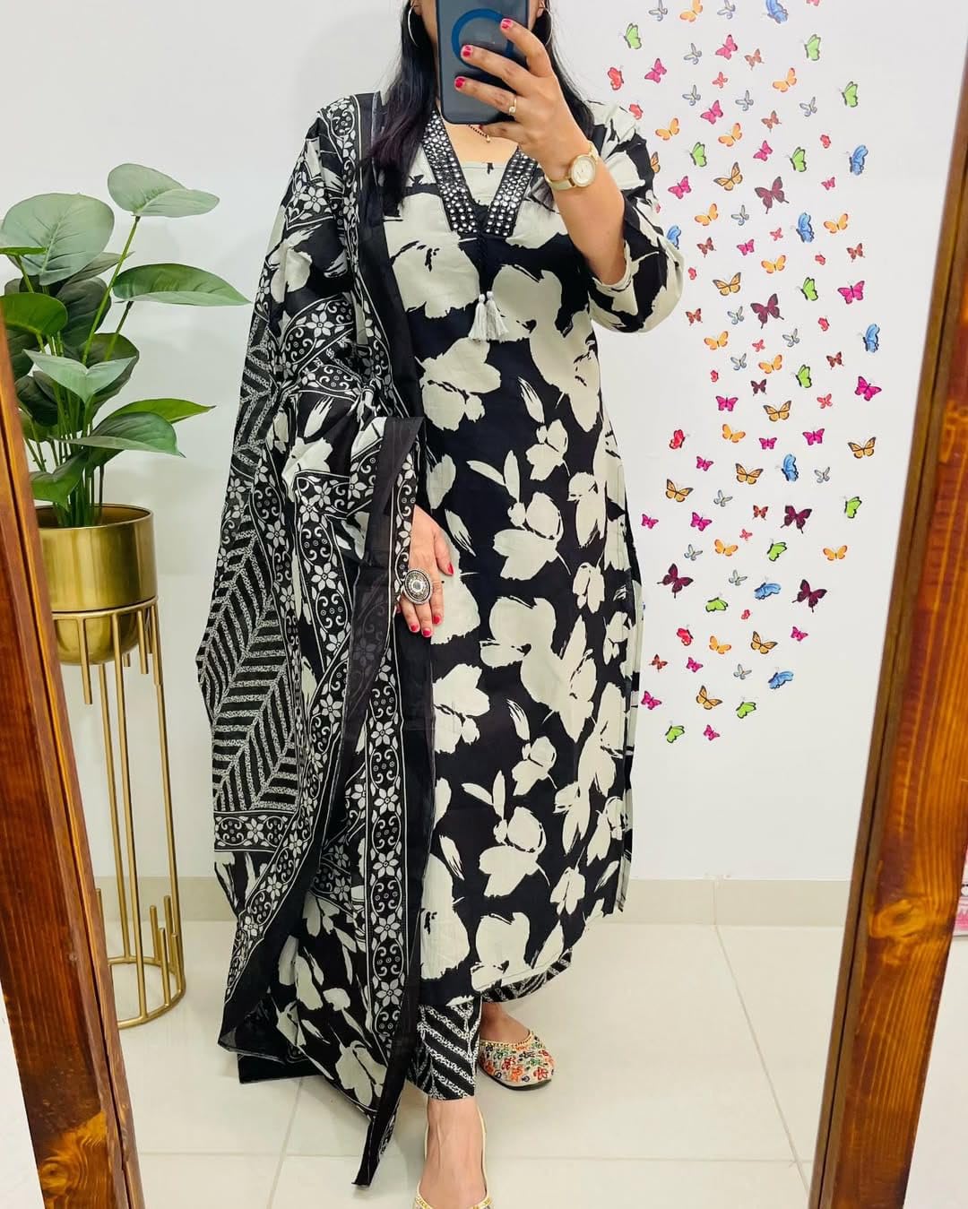 Rangnavi Women's Floral Printed Stright Kurta with Pant & Dupatta Set | Ethnic Set | Kurta Set – BLUE, Black, PINK, Yellow - image 5