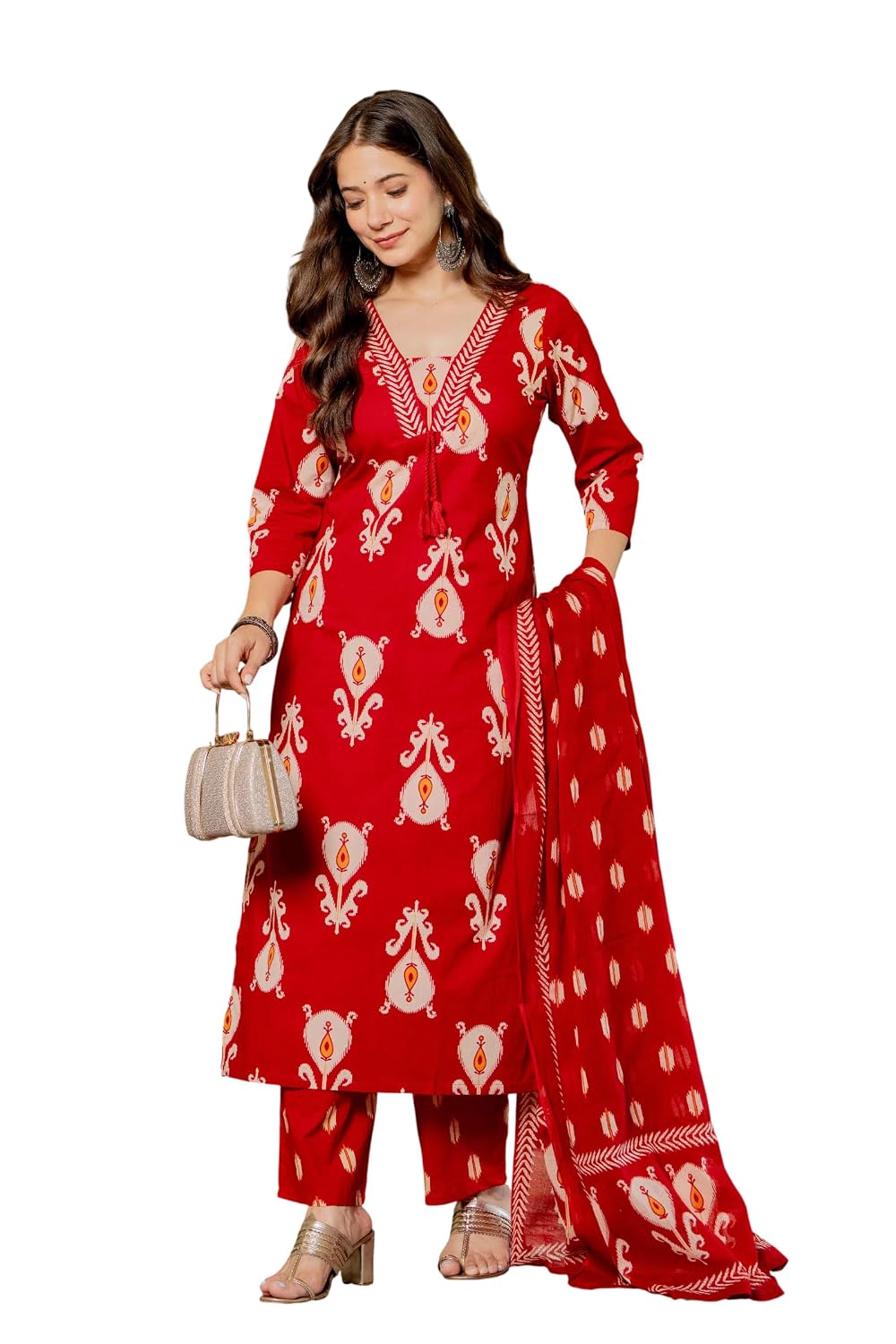 Rangnavi Women's Printed Pure Cotton Embroideried Straight Kurta with Pants and Dupatta Set | Ethnic Set |Kurta Set – PURPLE, Red - image 6