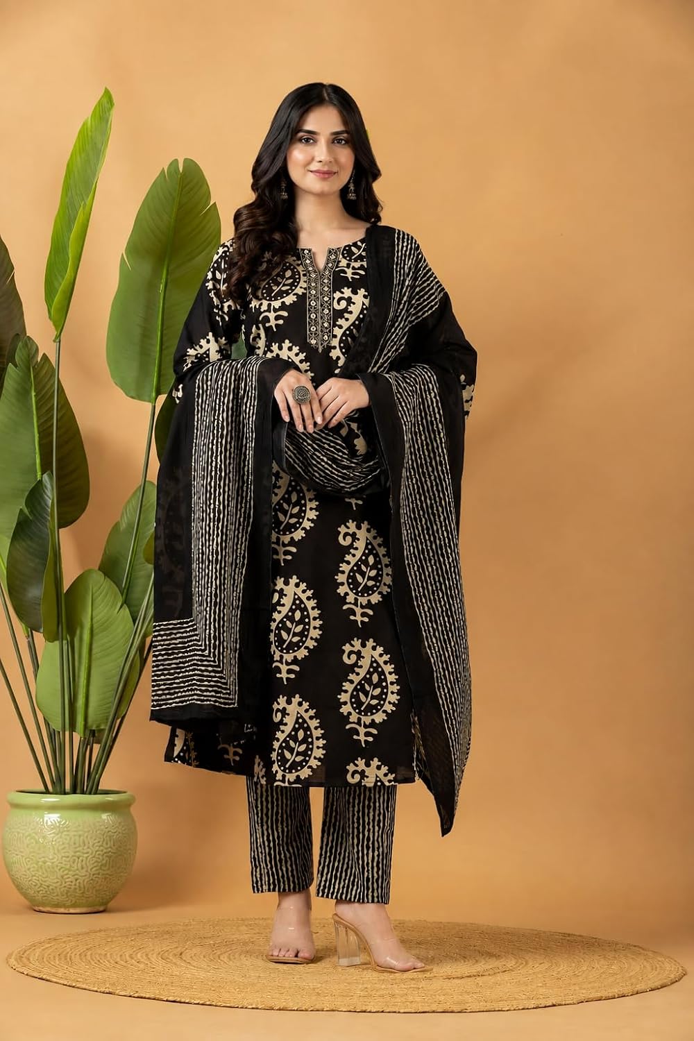 Rangnavi Women's Pure Cotton Printed Straight Kurta Set with Palazzo Pants & Dupatta- Ethnic Wear, Black - image 2