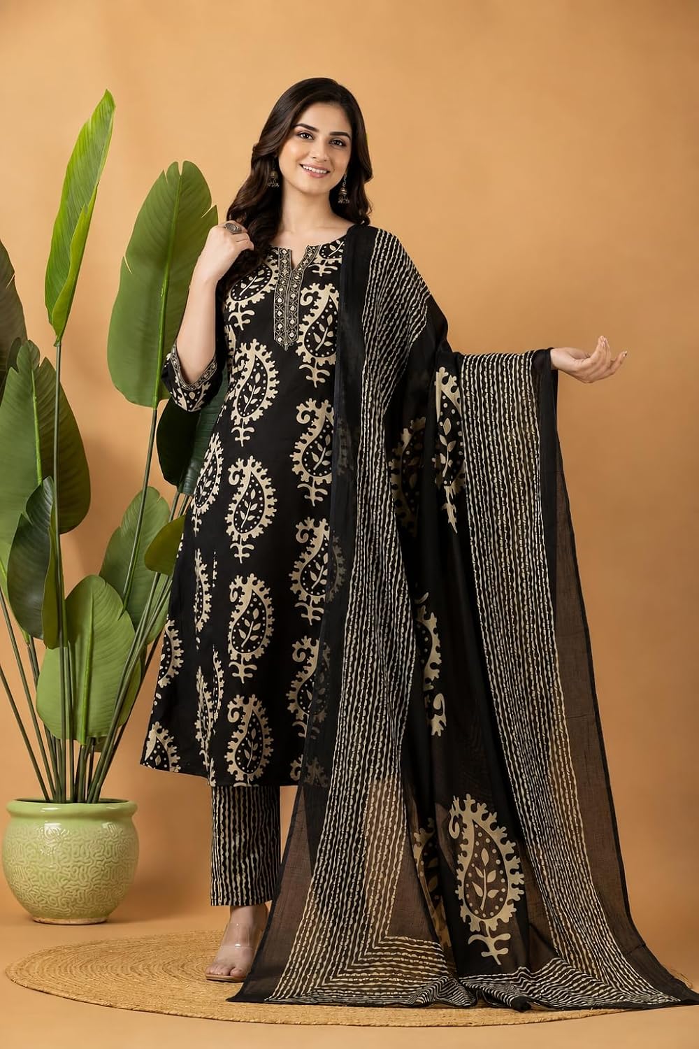 Rangnavi Women's Pure Cotton Printed Straight Kurta Set with Palazzo Pants & Dupatta- Ethnic Wear, Black - image 4