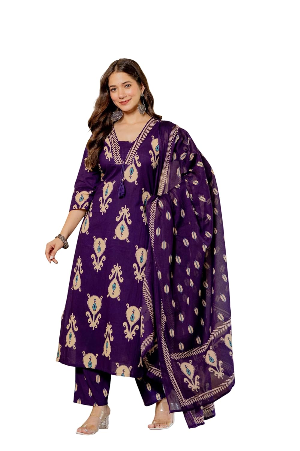 Rangnavi Women's Printed Pure Cotton Embroideried Straight Kurta with Pants and Dupatta Set | Ethnic Set |Kurta Set – PURPLE, Red - image 1