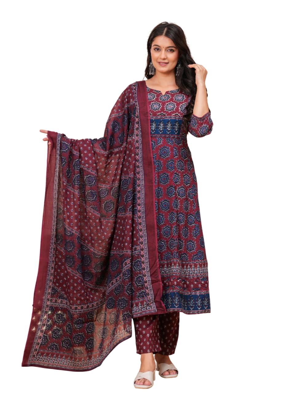 Rangnavi Women's Premium Cotton Anarkali Kurta with Pants and Dupatta Set | Ethnic Set - image 6
