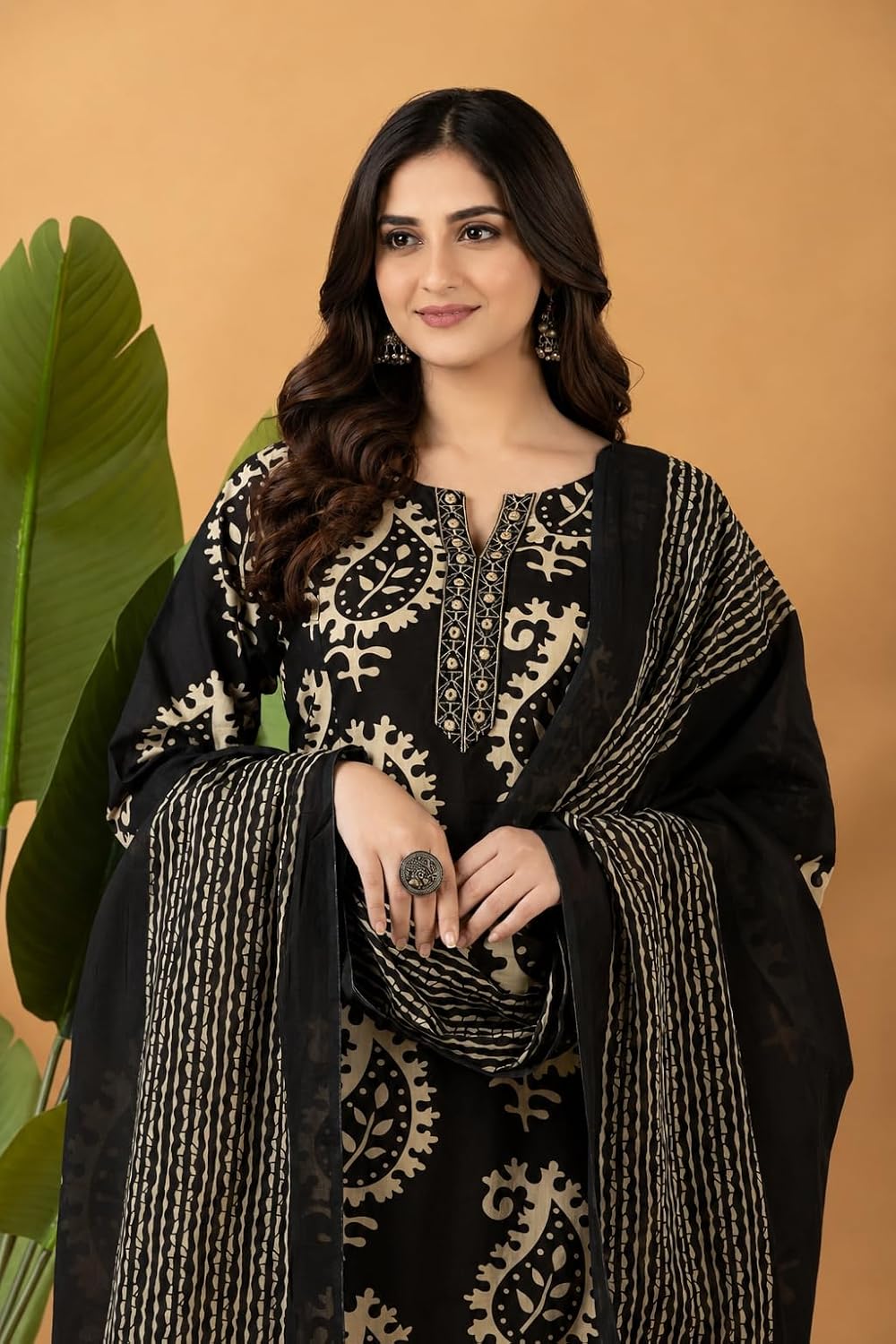 Rangnavi Women's Pure Cotton Printed Straight Kurta Set with Palazzo Pants & Dupatta- Ethnic Wear, Black - image 3