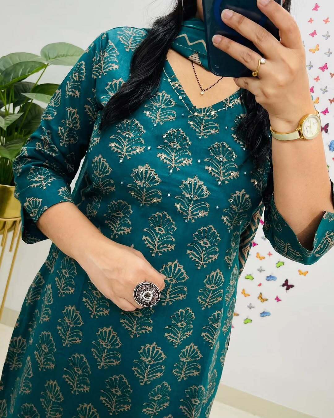 Rangnavi Women's Cotton Trending Straight Kurta with Pants and Dupatta Set | Ethnic Set (Teal) – BLACK, MAROON, TEAL - image 3
