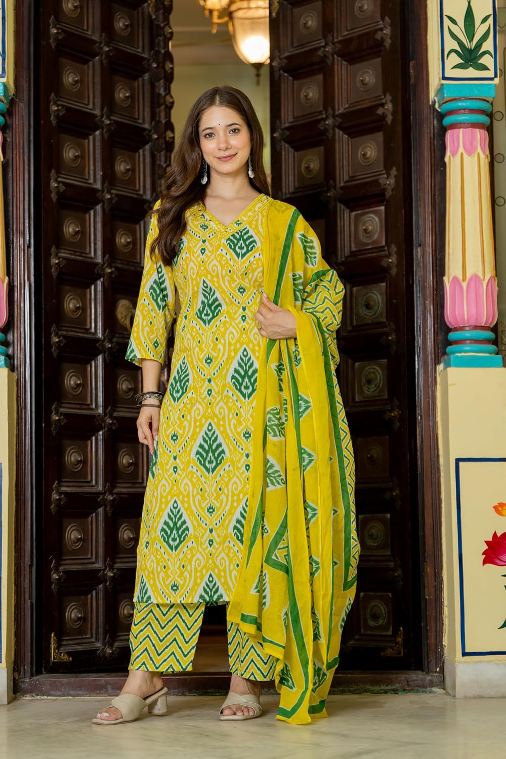 Rangnavi Women's Printed Pure Cotton Embroideried Straight Kurta with Pants and Dupatta Set | Ethnic Set |Kurta Set – LEMON, MUSTARD, WINE - image 2